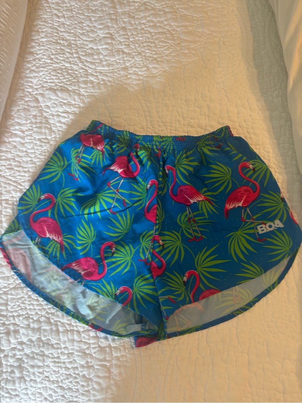 BOA Women's Blue Flamingo Print Athletic Shorts, Size S
